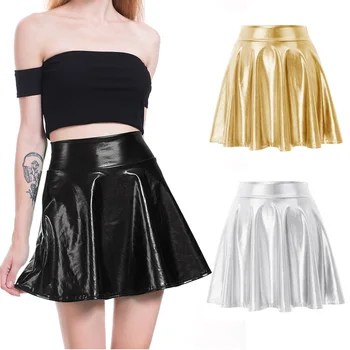 

Hip Hop Streetwear Women Sexy Summer Skirt PU Leather Shiny Mini Skirt Metallic-Like Gold Silver A Line Skater Skirt