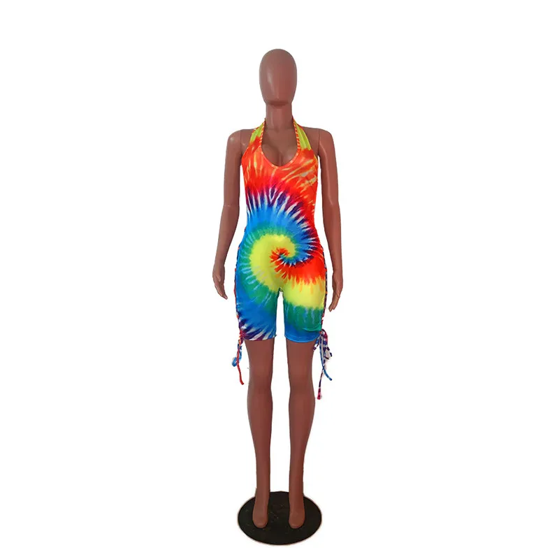 Adogirl Tie Dye Print Women Jumpsuit Lace Up Backless Bandage Playsuit 2020 Summer Women Sexy Deep V Neck Sleeveless Tank Romper Adogirl Tie Dye Print Women Jumpsuit Lace Up Backless Bandage Playsuit 2020 Summer Women Sexy Deep V Neck Sleeveless Tank Romper