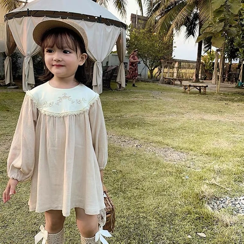

Spring and Autumn Girls Chinese Style Dress Sweet Embroidery Long Sleeve Dress Loose Contrast Color Children's Clothes