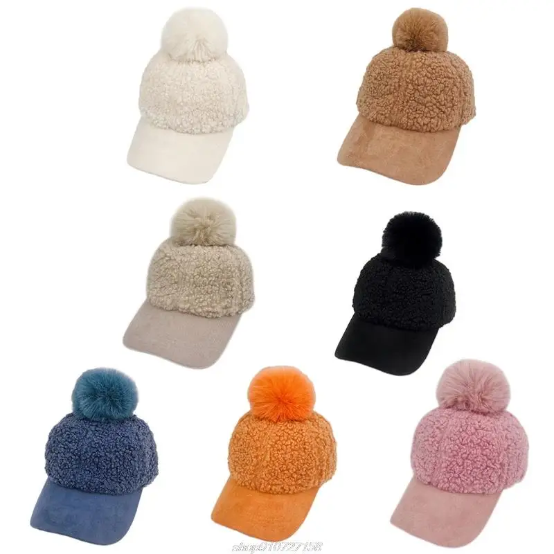 Women Winter Faux Fleece Baseball Peak Cap Fuzzy Warm Solid Color Cute Pompom Hip Hop Sunscreen Visor Brim D08 21 Dropship best baseball caps for women