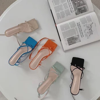 

Square Toe Women Sandals Clip Toe Cross Ankle Strap Lace Up Sandals PVC Jelly Shoes Thin Low Heeled Fashion Laides Party Sandals