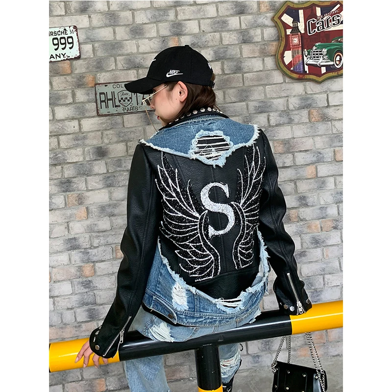 LORDLDS женская джинсовая кожаная куртка s Женская Байкерская мотоциклетная кожаная куртка на молнии с заклепками верхняя одежда