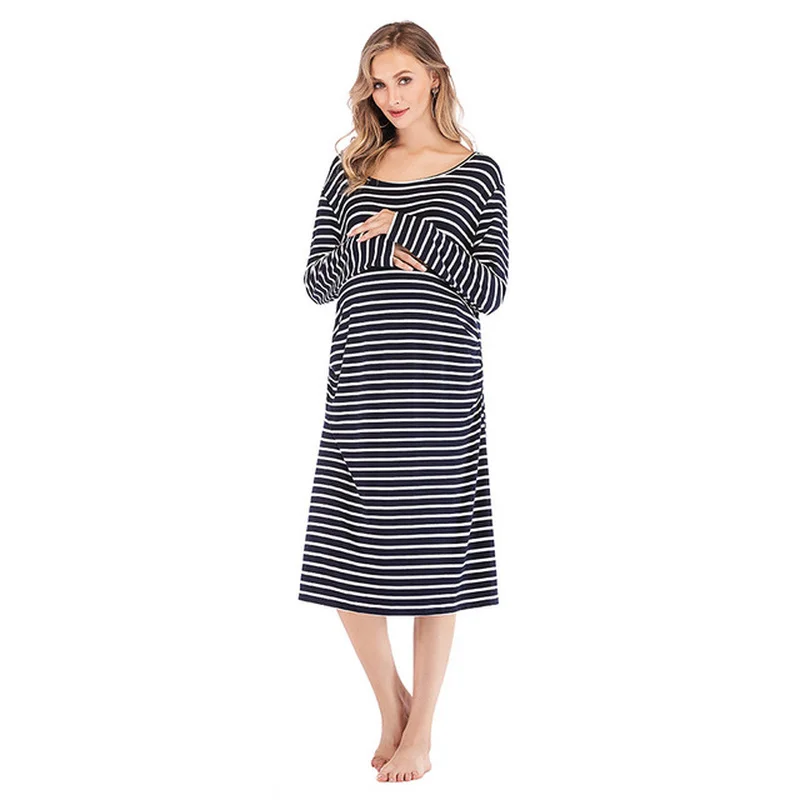 

2019 New Arrival Autumn Winter Maternity Dresses Striped Loose Soft Cotton Pregnant Dress Long Sleeve Boat Neck Woman's Clothing