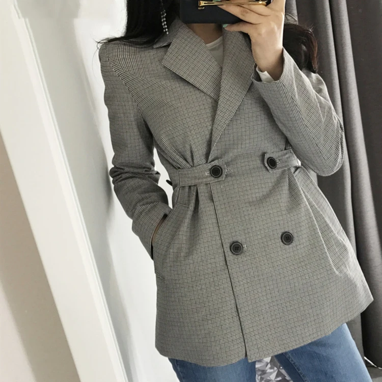 MOKIJINS Autumn Winter Women's Blazers Jackets Gray Notched Plaid Button Outerwear England Style Cardigan Tops Notched Button