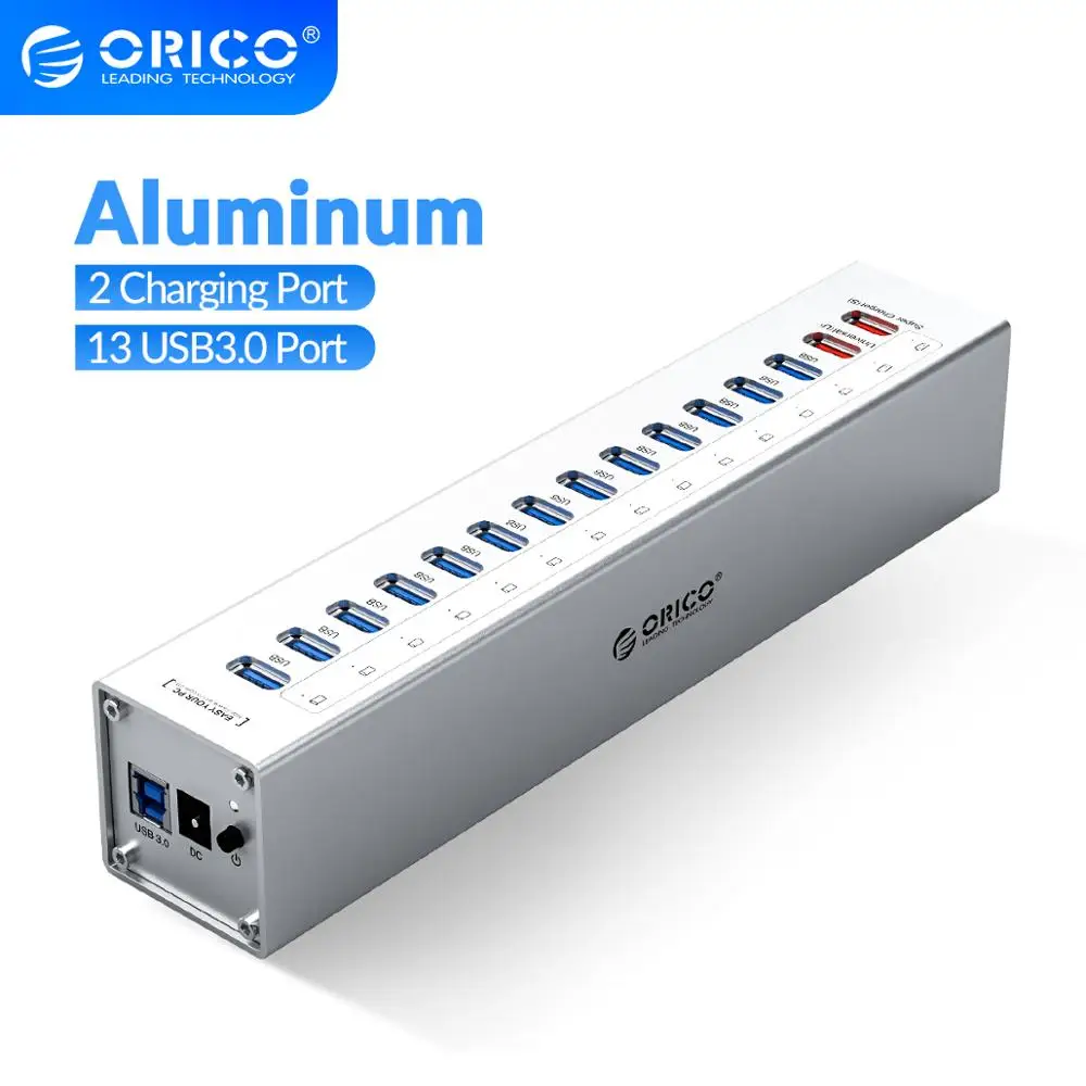 ORICO A3H13P2-SV Aluminum 13 Ports Multi USB3.0 HUB Splitter with 2 Charging Ports 5V2.4A Super Charger / 5V1A Universal Silver