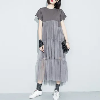 

Women 2020 Summer New Style Black Temperament Mesh Patchwork Dress Casual Round Neck Irregular Midi Dress Big Size