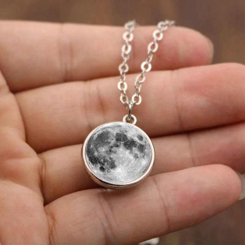Silver chain LISTE& LUKE Модные женские мужские двухсторонние серые полностью подвеска в виде полумесяца стеклянный шар кулон ожерелье ювелирные изделия - Окраска металла: Silver chain