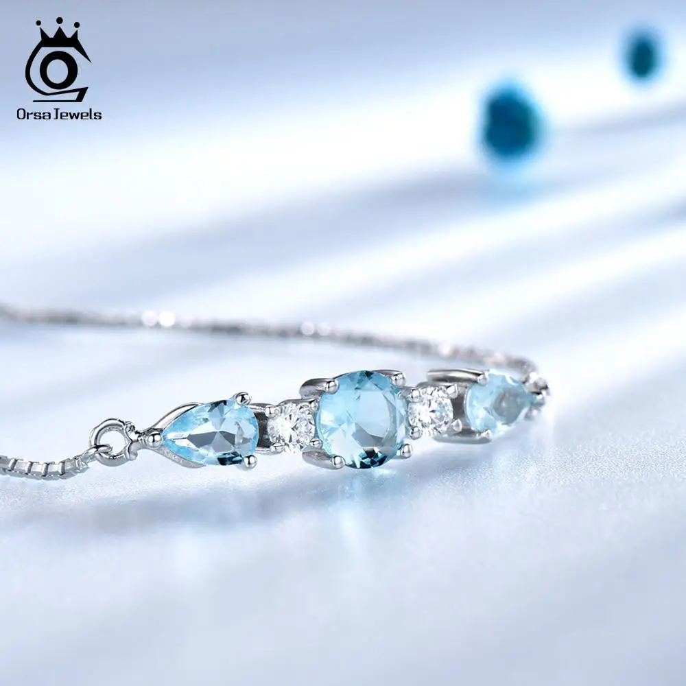 ORSA JEWELS Silver Bracelets Women Blue Topaz Adjustable Box Chain Round Stone Bracelet Sterling Silver 925 Jewelry OVSB03