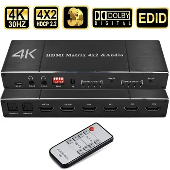 

HDMI Matrix 4x2 4K@30Hz hdmi Splitter with SPDIF and L/R 3.5mm HDMI Audio Extractor HDMI 1.4b Switch Support HDCP 2.2 3D