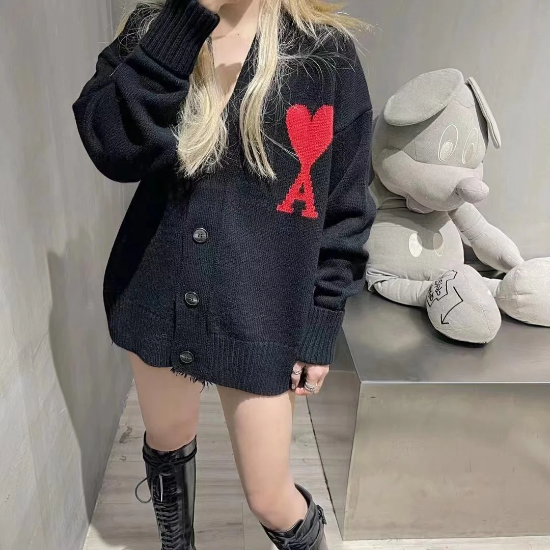 Korean Style Casual Men And Women Red Heart Love Letter A Knitted Cardigan Loose Long-Sleeve Sweater V-Neck Coat Unisex Jackets |