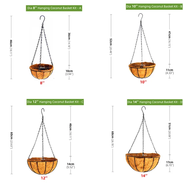 1Db Fém Függő Ültető Kosár Kókuszdió -Bélelés 8 10 12 14 Hüvelykes Kerek Huzalállvány, Amely Alkalmas Tornác Család Erkélyre - Image 2