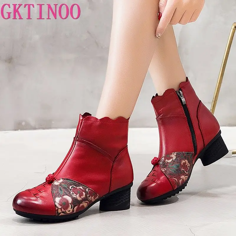 GKTINOO New Cow Leather Ankle Boots Women Shoes Genuine Winter Soft Flower Comfortable Warm High Heel | Обувь