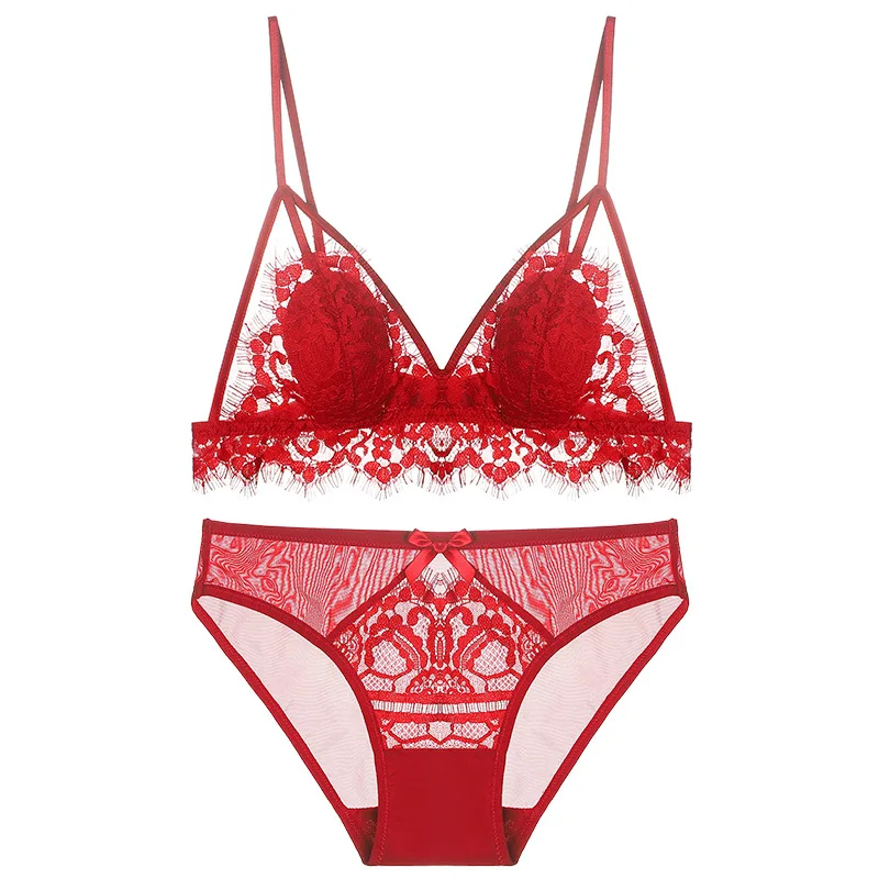 

2020 Women French Lingerie Sexy Lace Embroidered Bra No Steel Ring Ladies Thin Triangle Cup Plus Size Red Black Bra Set