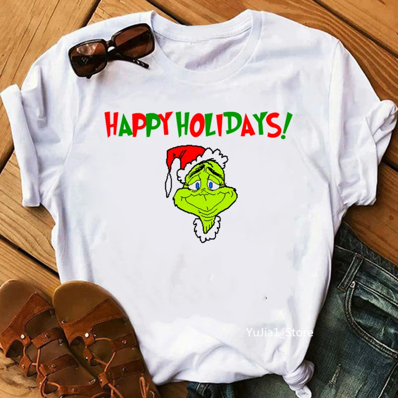 

Happy Holiday Grinch Grapchi Tshirts Women Christmas Gift For Girls T-Shirt Femme Funny Vogue T Shirt Camisetas Mujer Wholesale