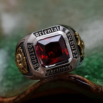 

S925 sterling silver jewelry with man-made faceted red crystal men antique antique Thai silver ring