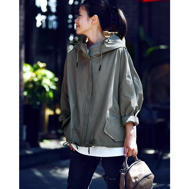 

W1301 Artistic retro hooded zipper double pocket cocoon loose versatile short style parker coat woman