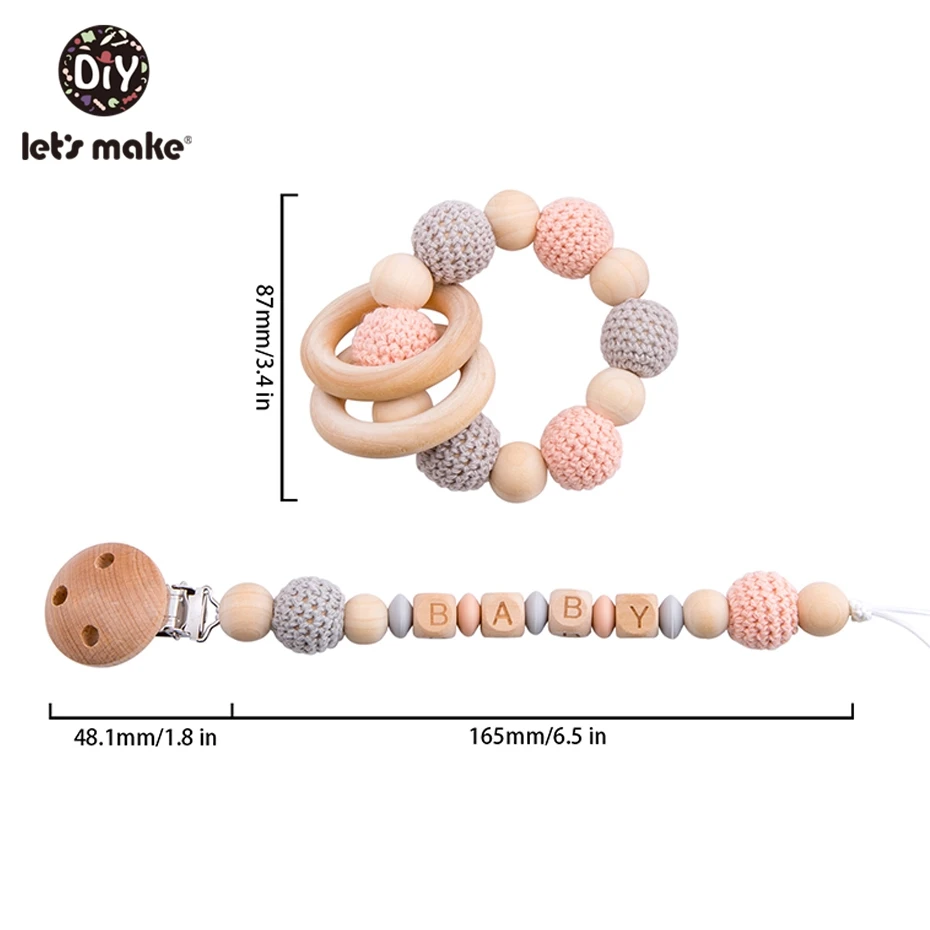 Let's Make Food Grade Silicone Wooden Teether Baby Pacifier Chain Pram Crib DIY Customized Soother Baby Teether Rattle Set Toys