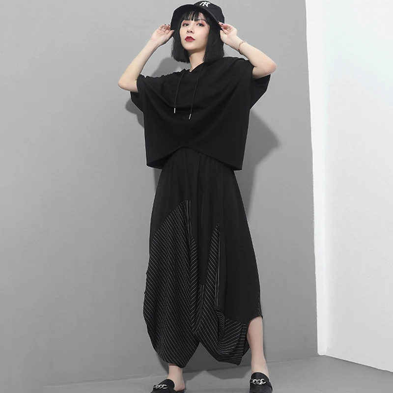 [EAM] High Elastic Waist Black Striped Split Long Harem Trousers New Loose Fit Pants Women Fashion Tide Spring Autumn 2020 1Z313