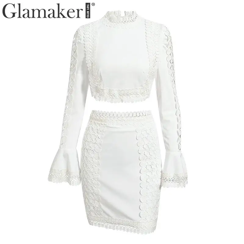 Белый Glamaker, кружевное Белое Облегающее мини-платье, Женский костюм из двух частей, с расклешенными рукавами, зимнее платье, осенние короткие сексуальные вечерние элегантные платья для клуба - Цвет: Белый