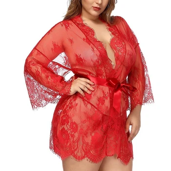 

3XL Lingerie Robe Lace Bathrobe See-though Bridesmaid Robes Hollow Porno Womens Clothing Long Sleeve Sleepwear Nightie Underwear