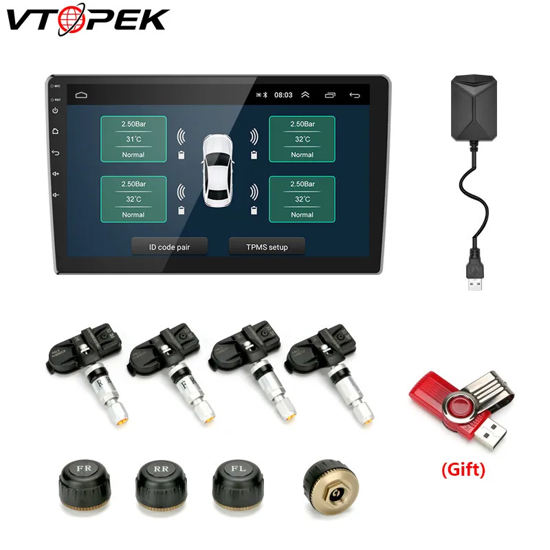 Vtopek USB TPMS автомобильная система контроля давления в шинах мониторинг в реальном времени для автомобиля Android Playe беспроводные внутренние датчики