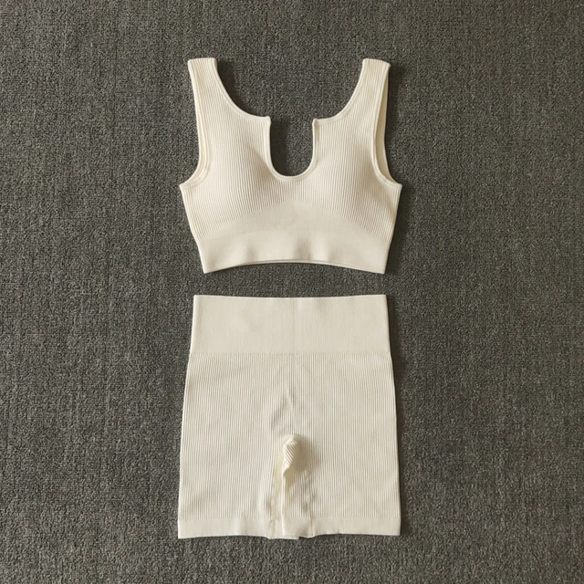 2/4/6PCS Seamless Women Yoga Set Workout Sportswear Fitness Bra Sport Pants Gym Clothing High Waist Leggings Shorts Sports Suits VBraShortsWhite