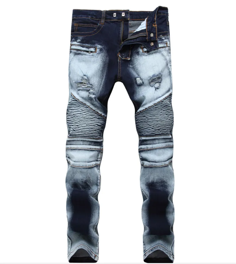 

High stretch Biker Jeans Men's Washed Destroyed Coloured Knee Hole Skinny Pants Size 28-42