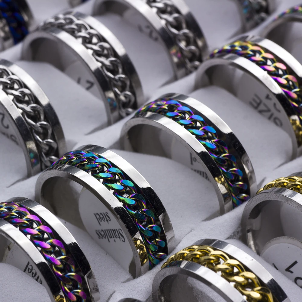 20pcs/lot Cool Spinner Chain Titanium Steel Rotatable Rings For Women Men Jewelry Party Gifts Mix Color Wholesale 4
