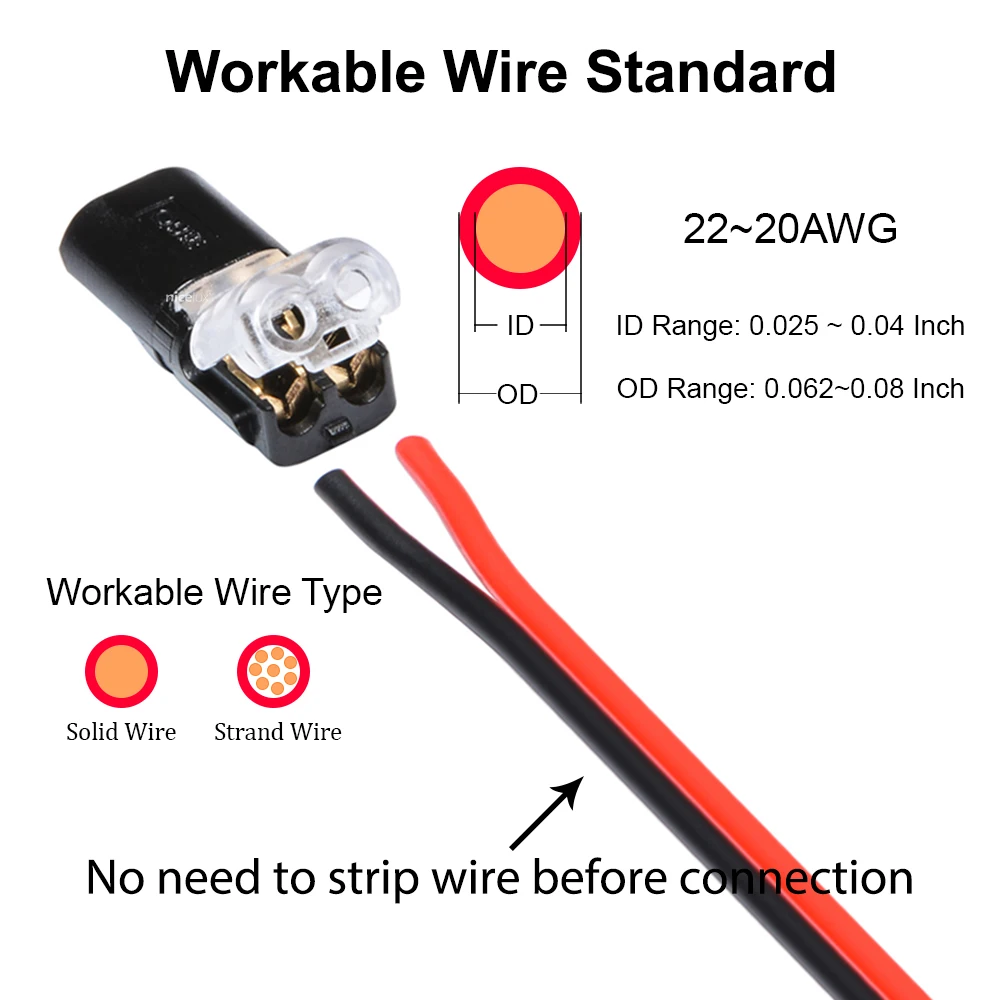 10pcs 2pin Pluggable Wire Connector Quick Splice Electrical Cable Crimp Terminals for Wires Wiring 22-20AWG LED Car Connectors