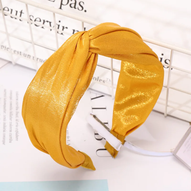 Новая мода, разноцветная однотонная атласная шелковая шаль, ткань, широкий перекрестный ободок с бантиком, простые удобные повязки на голову - Цвет: Цвет: желтый