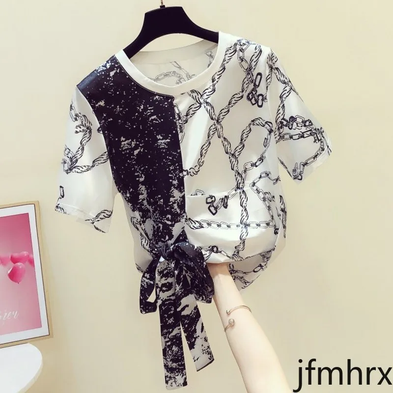 

Black and White Contrast Print Waist Bow Tied Short-Sleeved Satin Shirt Female Blusas Mujer De Moda 2020 Summer Top Ladies Tops