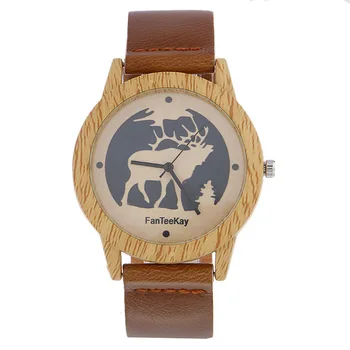 

Student Watches Creative Design Elk Fashion Wristwatch Brown Leather Strap Watch Wooden Casual Female Clock Relojes Para Mujer