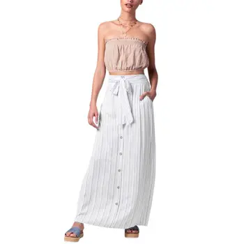 

Women High Waist Bow Tie Button Female Vertical Stripes Print Skirts Loose Half-Dress White Casual Long Skirt