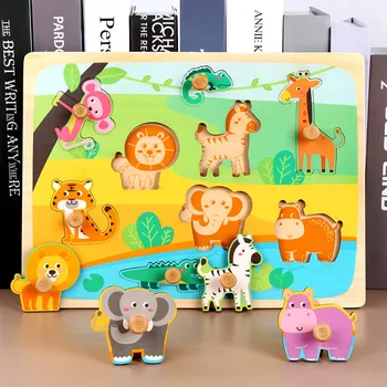 

1 Set Children's Grasp Board Wooden Puzzles Animals Jigsaw Toys For Kids Education And Learning Puzzles Game Baby Birthday Gift