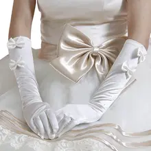 Gants longs de mariage blancs pour femmes, 1 paire, Double nœud papillon, fausse perle, décor, longueur du coude, mitaines chauffantes formelles