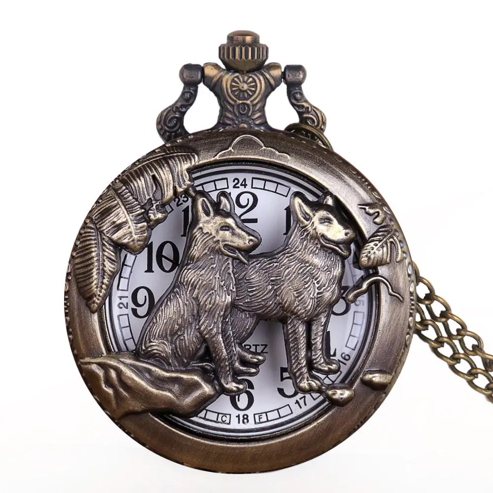 Античная бронза полый волк циферблат дизайн кварцевые карманные часы цепь для мужчин и женщин ожерелье подвеска брелок цепь стимпанк карманные часы