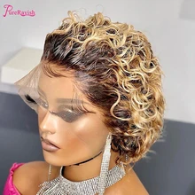 

Ombre Short Bob Pixie Cut Wig Dark Roots Bark Brown Deep Wavy 13x1 T Part Lace Wigs For Black Women Blonde Human Hair Wigs