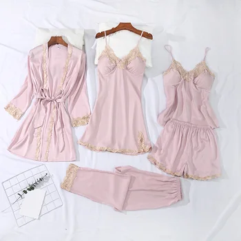 

Gold Velvet 4 Pieces Warm Women Pajamas Sets Spring Autumn Lace Women's Sleepwear Sexy Sleep Lounge Sleeveless Nightwear Female