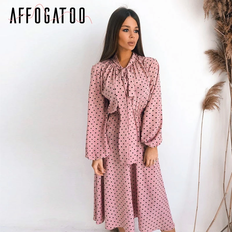 Online Affogatoo elegante polka dot maxi vestido rosa mujeres Otoño Invierno linterna manga vestido largo Casual vacaciones señoras arco vestido de fiesta