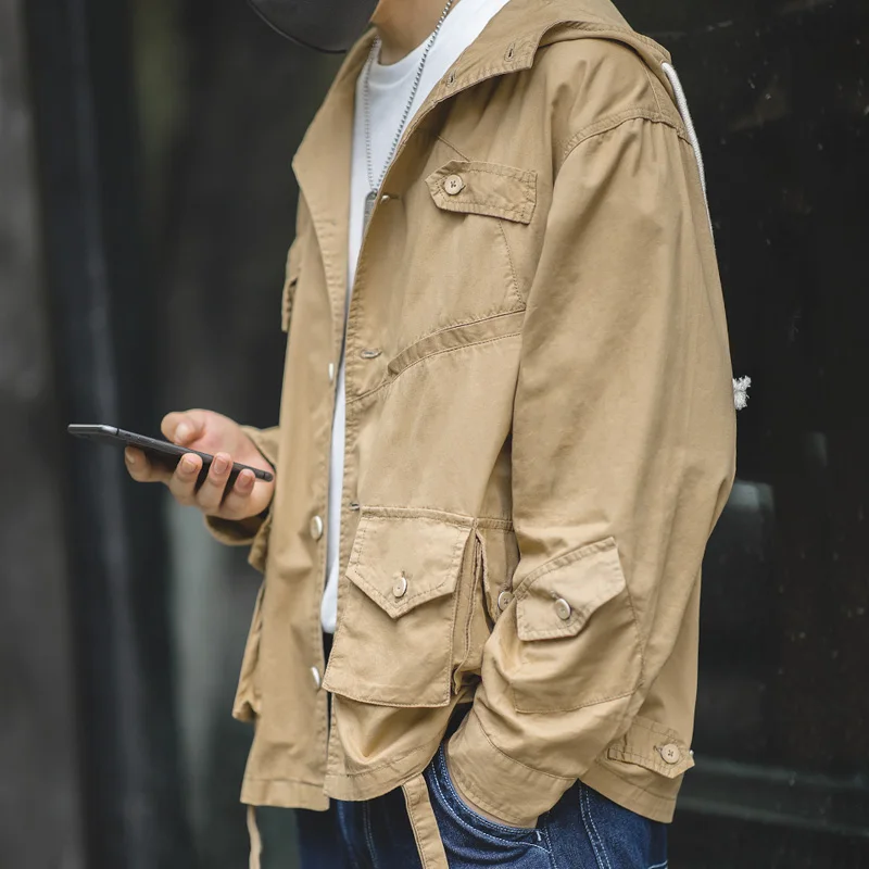 

Maden Men's Cotton Jacket Vintage Khaki Multi-Pocket Jacket Military Wind Hooded Autumn Clothes Men