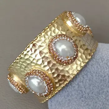 

Cultured White Baroque Pearl Golden Plated Bangle Cuff Bracelet