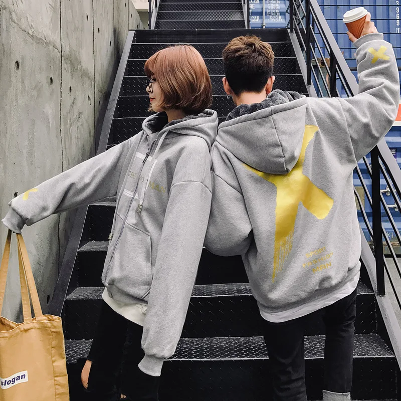 Winter New Style Hooded Brushed And Thick Couples Hoodie Fashion And Personality Loose-Fit Printed Casual Men And Women Coat
