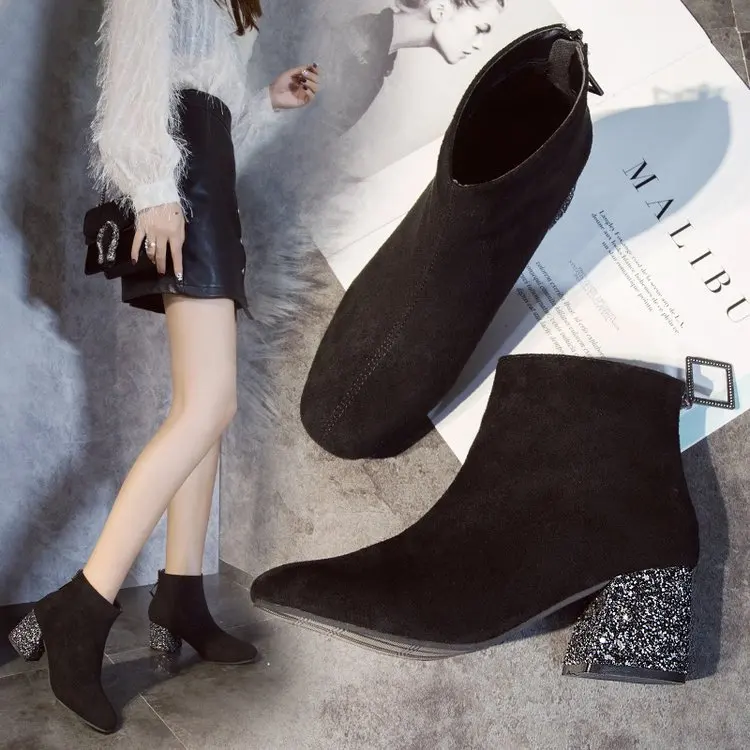 

Classics Fashion Womens Boots Ankle Short Med Pointed Toe Vintage Boots Bling Solid Zip Winter Big Size Shoes