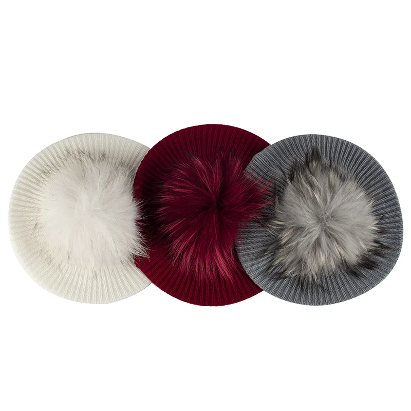Women's Knitted Elegant Berets Soft With Real Pompom Female Artist Fashion Retro Hats Lady Solid Color French Simplicity Caps 2
