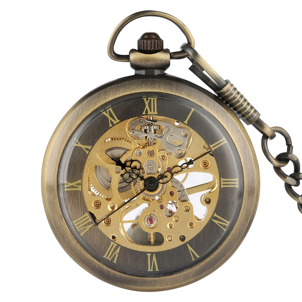 Antique Mechanical Hand Wind Pocket Watch Open Face Skeleton Roman Numerals Dial Pendant Watches Fob Chain Steampunk Xmas Gifts