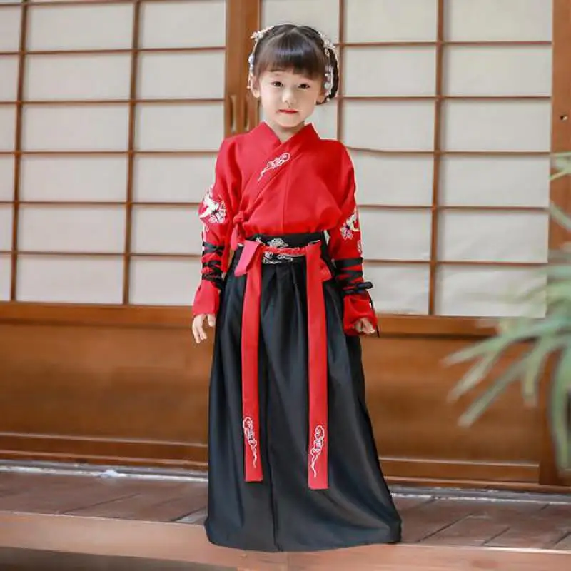 Hanfu/Древний китайский традиционный костюм для девочек; сценический костюм для танцев; комплект из рубашки и юбки; костюм феи в народном стиле; костюм-танга для детей