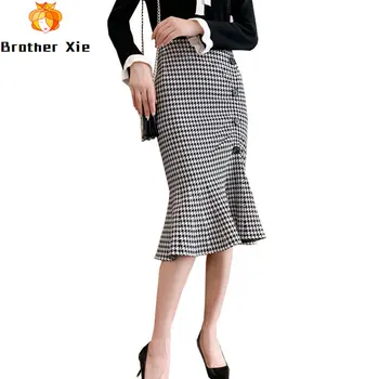 

Autumn 2020 Women Knitting Bodycon Plaid Skirt High Waist Sexy Flouncing Women Midi Skirt Faldas Jupe Femme Saia