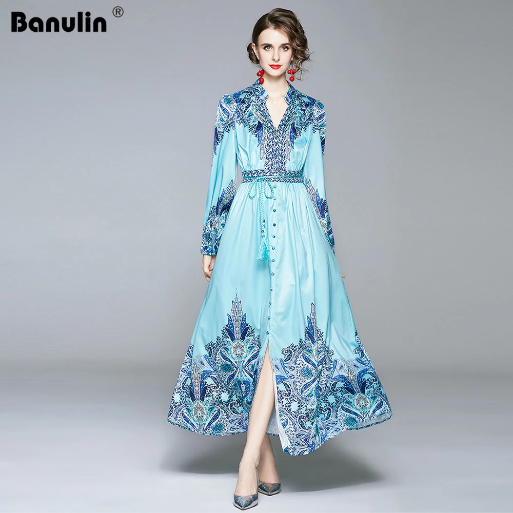 Banulin Runway Autumn Holiday Long Dress Women's V-Neck Long Sleeve Charming Floral Print Belt Maxi Dress Robe Longue Femme 2020 Banulin Runway Autumn Holiday Long Dress Women's V-Neck Long Sleeve Charming Floral Print Belt Maxi Dress Robe Longue Femme 2020