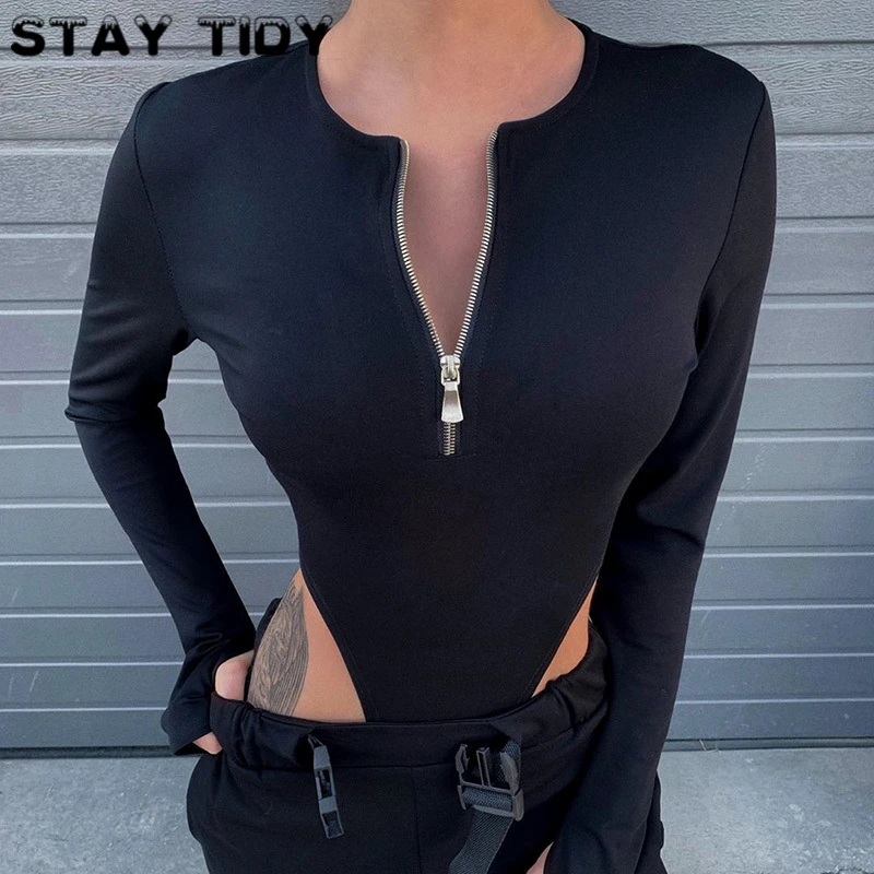 

STAY TIDY Sexy Zipper Split Black Bodycon Bodysuit 2019 Winter Women Long Sleeve O Neck Slim High Waist Party Streetwear Body