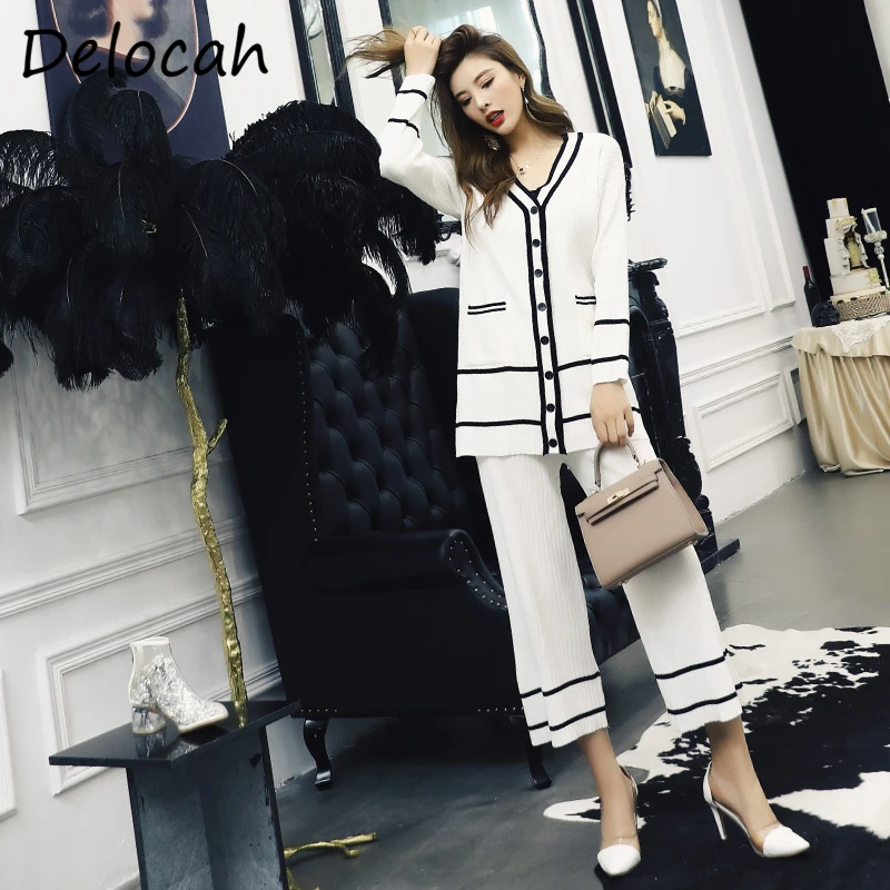 

Delocah Women Fashion Autumn Designer Pants Set Long Sleeve Loose Blouses + High Waist Wide Leg Long Pants 2 Two Pieces Suits